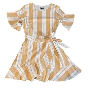 Express Cotton Ruffle Flare Sleeve Wrap Dress in Tan + White Stripes Size Small